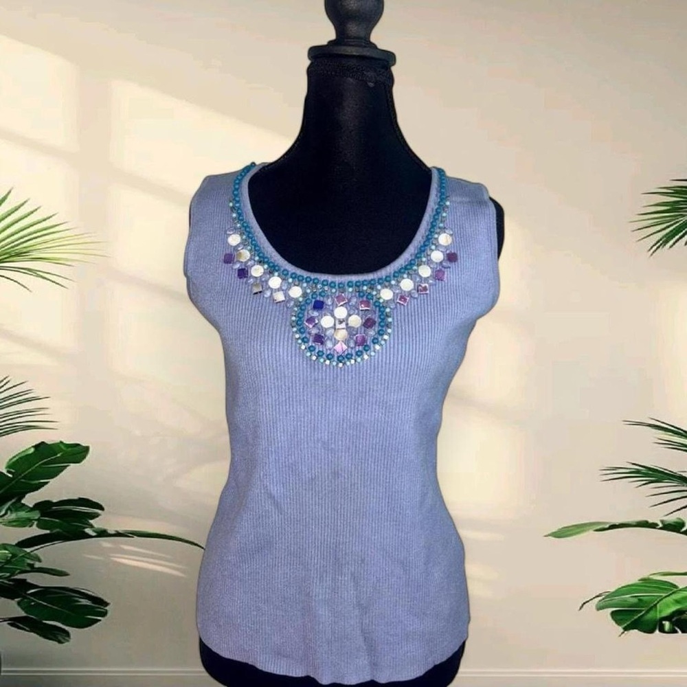 ✨ Y2K Embellished Periwinkle Blue Beaded Ribbed Tank Top ✨